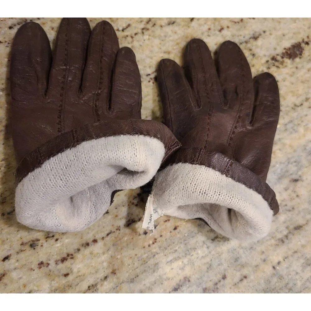 Vintage Size S 6.5 Brown Leather Acrylic Knit Lined 8